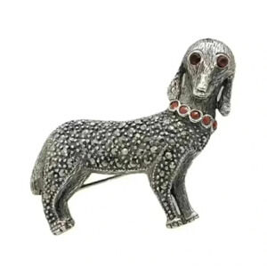 Vintage Dog Brooch Pin 925 Sterling Silver Marcasite & Garnet Curious Breed